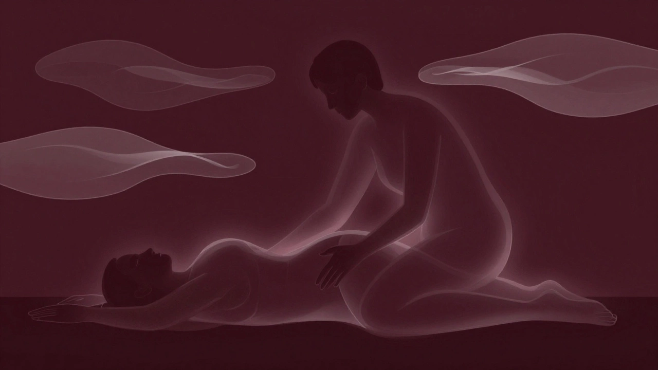 Abstract silhouettes in a loving pose, representing consent and mutual guidance in intimacy.