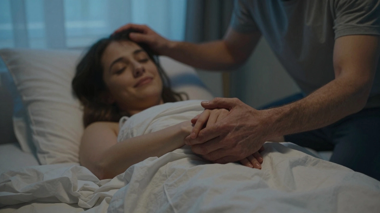 Two hands gently interlocked above rumpled sheets, symbolizing trust and tenderness.